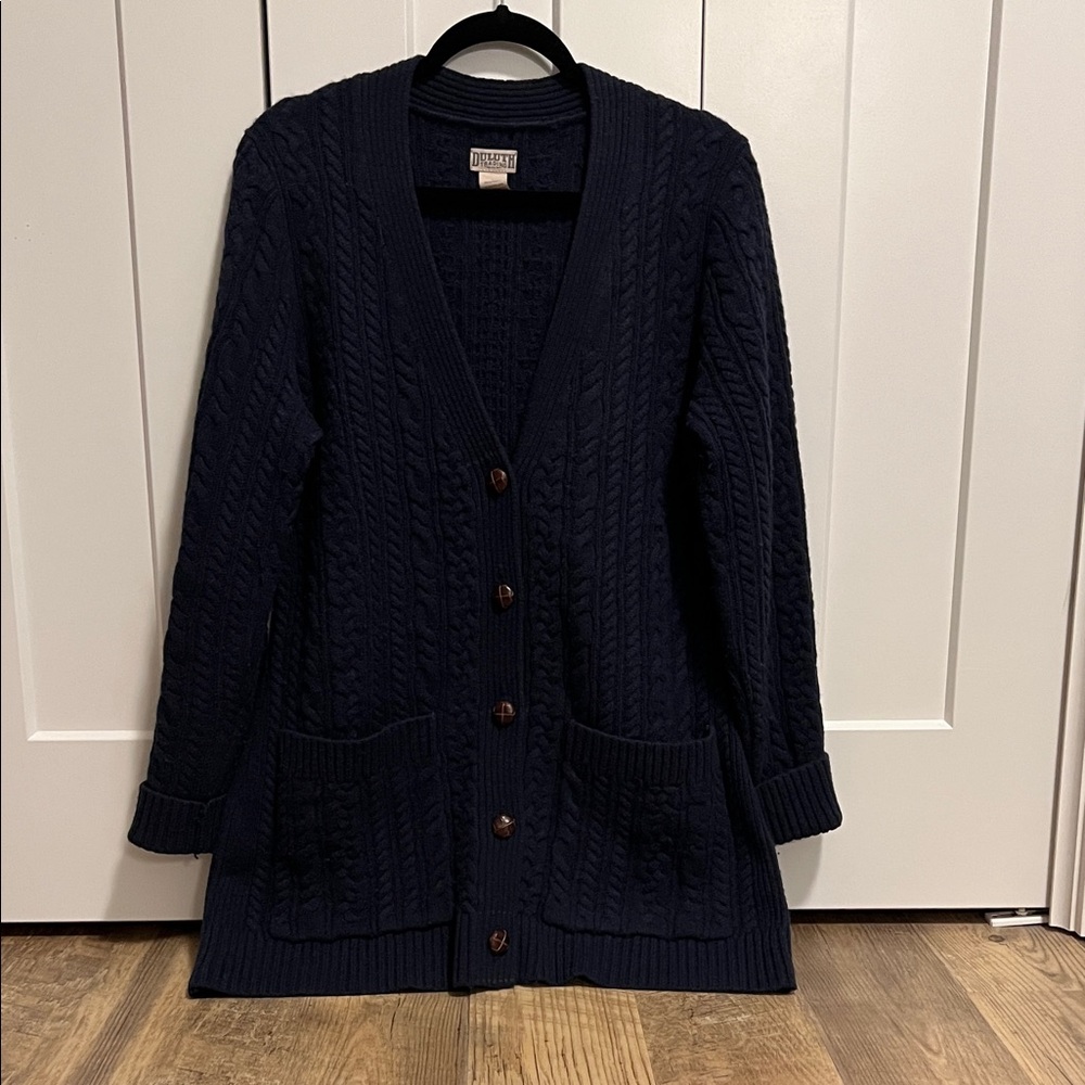 Duluth Trading Co Navy Cable Knit Cardigan